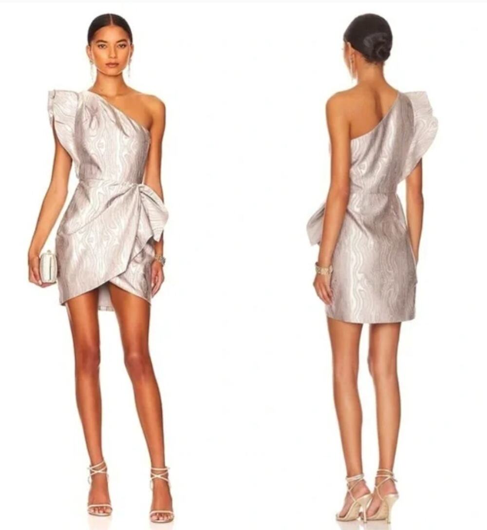 Saylor Woodgrain Jacquard One Shoulder Dress Silver Metal Womens New Small